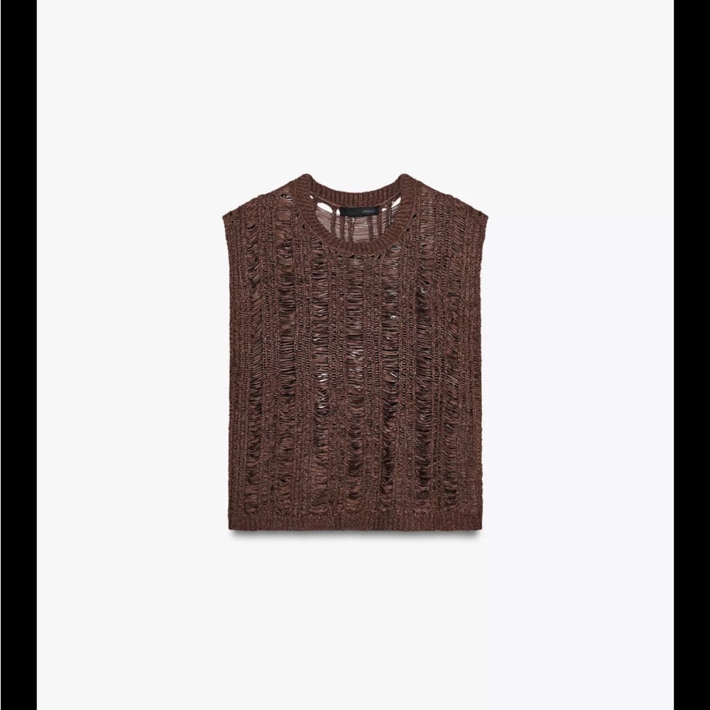 Zara Ribbon Brown Textured Sleeveless Top